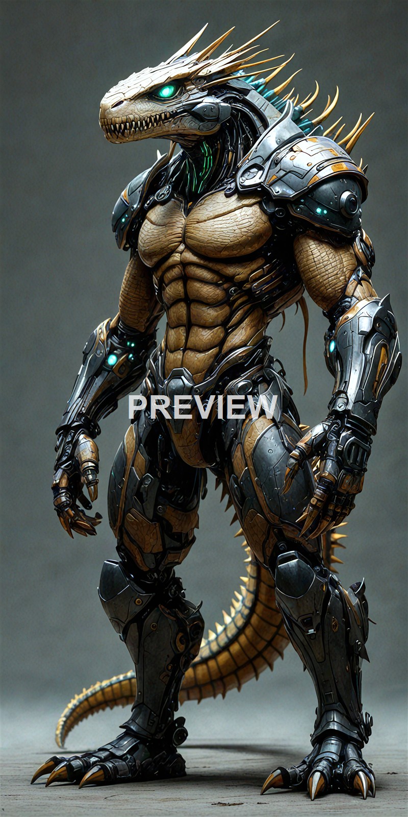 A humanoid creature with a lizard-like head, glowing green eye, muscular torso, and a body covered in advanced metallic armor with spikes and glowing elements.